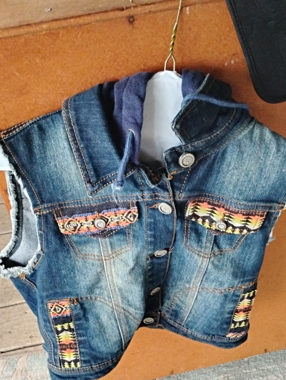 Denim Hooded Kids Vest with Aztec Trim - Blue